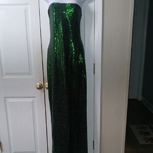 Phenomena Green Sequin  Holiday Party Strapless Gown with slit  Sz L NWOT